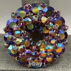 Vintage Huge Multicolor Aurora Borealis Rhinestone Wreath Brooch Gold Tone