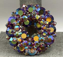 Vintage Huge Multicolor Aurora Borealis Rhinestone Wreath Brooch Gold Tone