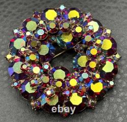 Vintage Huge Multicolor Aurora Borealis Rhinestone Wreath Brooch Gold Tone