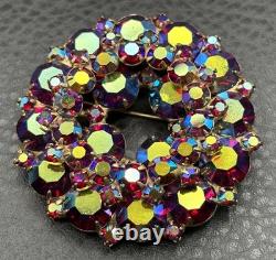 Vintage Huge Multicolor Aurora Borealis Rhinestone Wreath Brooch Gold Tone