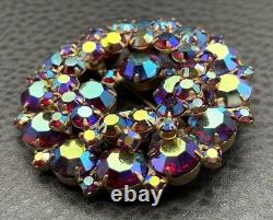 Vintage Huge Multicolor Aurora Borealis Rhinestone Wreath Brooch Gold Tone