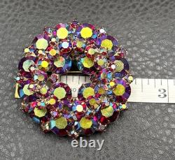 Vintage Huge Multicolor Aurora Borealis Rhinestone Wreath Brooch Gold Tone