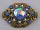Vintage Iridescent Blue Art Glass Pearl Filigree Gold Tone West Germany Brooch