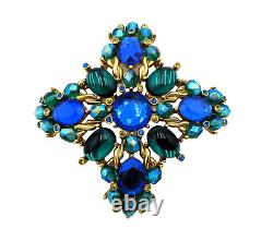 Vintage JOAN RIVERS Signed MALTESE CROSS Green COBALT BLUE! Rhinestone BROOCH 3