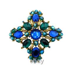 Vintage JOAN RIVERS Signed MALTESE CROSS Green COBALT BLUE! Rhinestone BROOCH 3