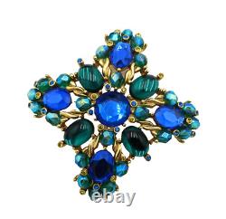 Vintage JOAN RIVERS Signed MALTESE CROSS Green COBALT BLUE! Rhinestone BROOCH 3