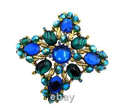 Vintage JOAN RIVERS Signed MALTESE CROSS Green COBALT BLUE! Rhinestone BROOCH 3