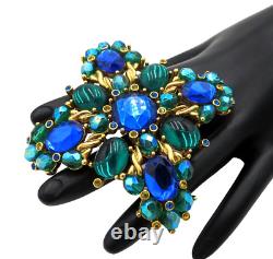 Vintage JOAN RIVERS Signed MALTESE CROSS Green COBALT BLUE! Rhinestone BROOCH 3