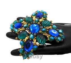 Vintage JOAN RIVERS Signed MALTESE CROSS Green COBALT BLUE! Rhinestone BROOCH 3