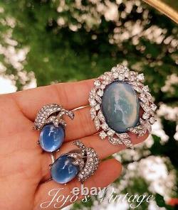 Vintage JOMAZ Blue Glass Moonstone Rhinestone Pin Brooch & Earrings