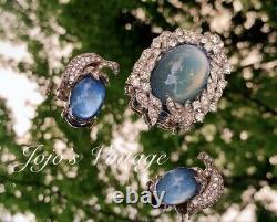 Vintage JOMAZ Blue Glass Moonstone Rhinestone Pin Brooch & Earrings