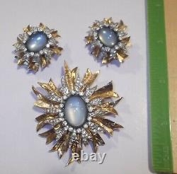 Vintage JOMAZ Blue Moonstone Rhinestone Gold Tone Sunburst Pin Brooch & Earrings