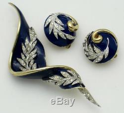 Vintage JOMAZ SET Blue Enamel Rhinestone Twisted Banner Brooch Earrings