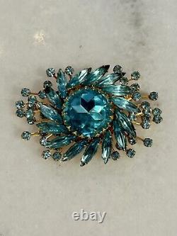 Vintage JUDY LEE Blue Glass Navette Rhinestone Sunburst Brooch Pin Earrings Set