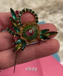 Vintage JULIANA D&E Rivoli Green Red Rhinestone Pin Brooch BEAUTIFUL