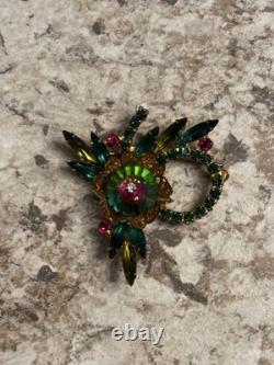 Vintage JULIANA D&E Rivoli Green Red Rhinestone Pin Brooch BEAUTIFUL