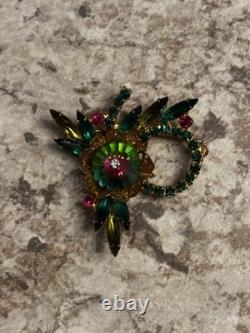Vintage JULIANA D&E Rivoli Green Red Rhinestone Pin Brooch BEAUTIFUL