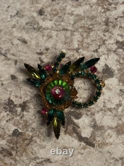 Vintage JULIANA D&E Rivoli Green Red Rhinestone Pin Brooch BEAUTIFUL