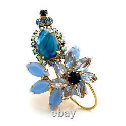 Vintage JULIANA Givre Art Glass Blue Rhinestone Wire Over Flower Figural Brooch