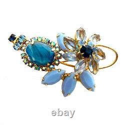 Vintage JULIANA Givre Art Glass Blue Rhinestone Wire Over Flower Figural Brooch