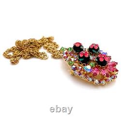 Vintage JULIANA Polka Dot Sugar Bead Pink Rhinestone Brooch Pendant Necklace
