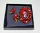 Vintage JULIANA Red Rhinestone Cameo Brooch & Clip Earring SET, VHTF, gold tone