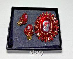 Vintage JULIANA Red Rhinestone Cameo Brooch & Clip Earring SET, VHTF, gold tone