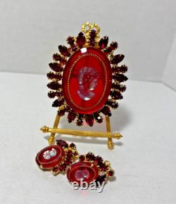 Vintage JULIANA Red Rhinestone Cameo Brooch & Clip Earring SET, VHTF, gold tone