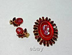 Vintage JULIANA Red Rhinestone Cameo Brooch & Clip Earring SET, VHTF, gold tone
