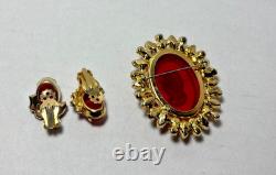 Vintage JULIANA Red Rhinestone Cameo Brooch & Clip Earring SET, VHTF, gold tone