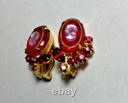 Vintage JULIANA Red Rhinestone Cameo Brooch & Clip Earring SET, VHTF, gold tone