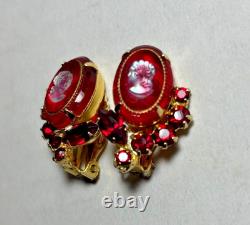 Vintage JULIANA Red Rhinestone Cameo Brooch & Clip Earring SET, VHTF, gold tone