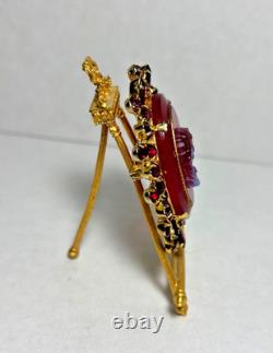 Vintage JULIANA Red Rhinestone Cameo Brooch & Clip Earring SET, VHTF, gold tone
