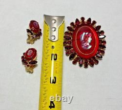 Vintage JULIANA Red Rhinestone Cameo Brooch & Clip Earring SET, VHTF, gold tone