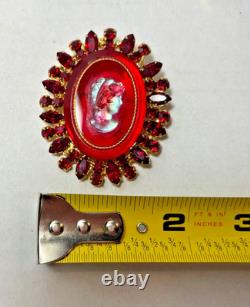 Vintage JULIANA Red Rhinestone Cameo Brooch & Clip Earring SET, VHTF, gold tone