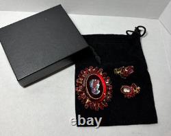 Vintage JULIANA Red Rhinestone Cameo Brooch & Clip Earring SET, VHTF, gold tone