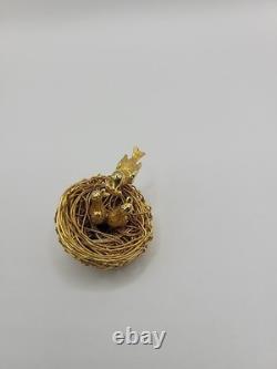 Vintage Jeanne Bird Nest Brooch Pin Gold Tone Figural Rhinestone Signed Jewelry