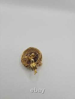 Vintage Jeanne Bird Nest Brooch Pin Gold Tone Figural Rhinestone Signed Jewelry