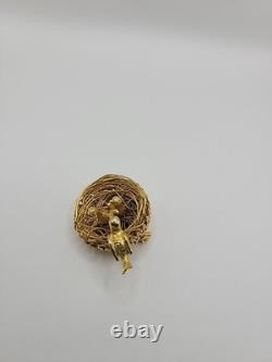 Vintage Jeanne Bird Nest Brooch Pin Gold Tone Figural Rhinestone Signed Jewelry