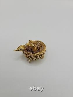 Vintage Jeanne Bird Nest Brooch Pin Gold Tone Figural Rhinestone Signed Jewelry