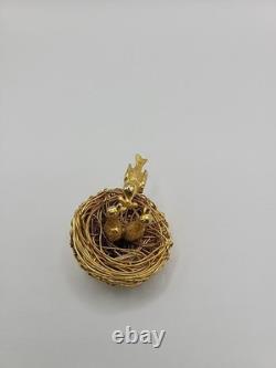 Vintage Jeanne Bird Nest Brooch Pin Gold Tone Figural Rhinestone Signed Jewelry