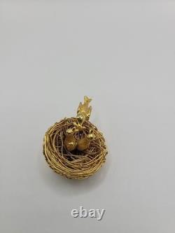 Vintage Jeanne Bird Nest Brooch Pin Gold Tone Figural Rhinestone Signed Jewelry