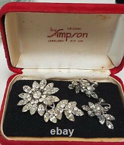 Vintage Jewel Crest Donald Simpson Rhinestone Brooch & Earrings Original Box