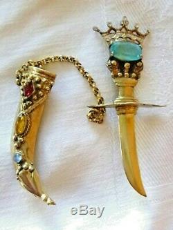 Vintage Jeweled Sword +Scabbard Sterling Silver Brooch GP Chatelaine Pin 32.9 Gm
