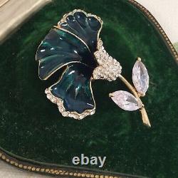 Vintage Jewellery Brooch Green Enamel Flower Antique Deco Dress Jewelry Pin