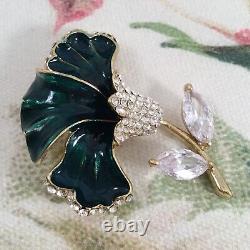 Vintage Jewellery Brooch Green Enamel Flower Antique Deco Dress Jewelry Pin