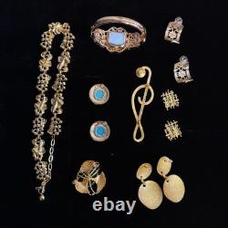 Vintage Jewelry Lot 39pc Rhinestone Cameo Brooch Enamel Watch Chunky Heart Gold