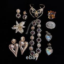 Vintage Jewelry Lot 39pc Rhinestone Cameo Brooch Enamel Watch Chunky Heart Gold