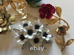 Vintage Jewelry Metal Enamel Rhinestone Gold/Silver Tone Flower Power Brooch Lot