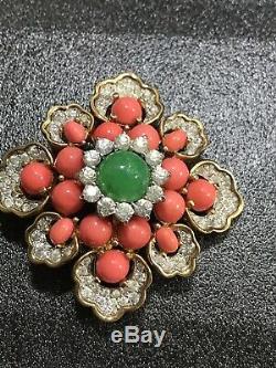 Vintage Jomaz Faux Emerald Coral Rhinestones Brooch Pin